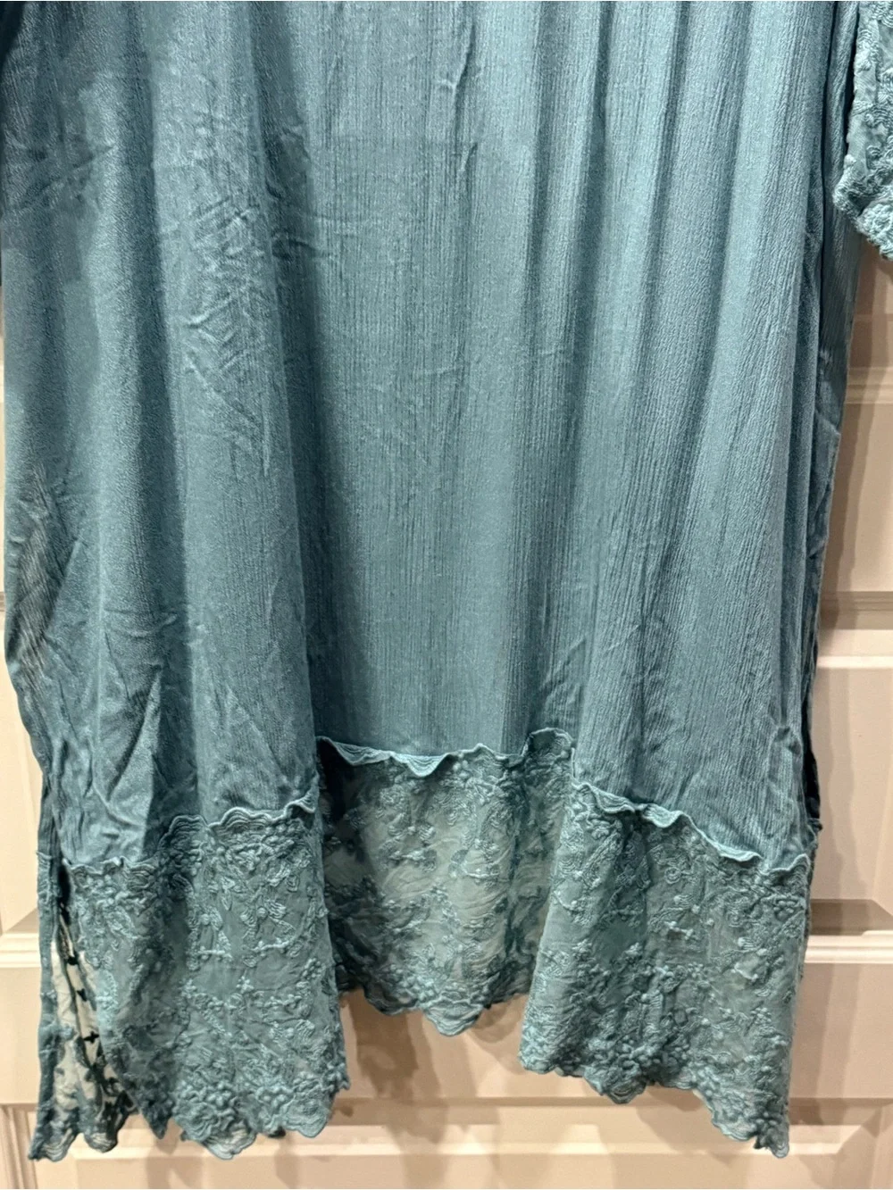 GiGiO Open-Front Lace-Trim Duster Kimono in a dusty teal - Picture 8 of 11